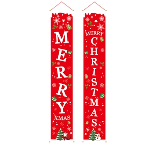 Festive red Merry Christmas door banners set with Santa Claus and snowflake patterns
