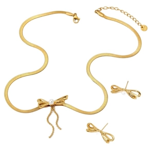 Stainless Steel Bow Necklace And Earrings Jewelry With Imitation Artificial Pearl Tassel Snake Chain Millennial Fashion For Women