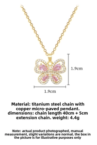 Detailed view of hollow pink butterfly pendant with dimensions 1.9cm and steel chain