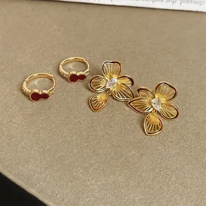 Hollow Flower Studs And Red Hulu Gourd Hoop Earrings Gold Plated Copper Zircon 925 Sterling Silver Earring Post Retro