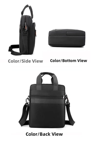 Three-angle view of black business briefcase with waterproof nylon and orange zipper detail