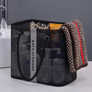 Large capacity black mesh bath organizer bag with hand strap for gym and swimming