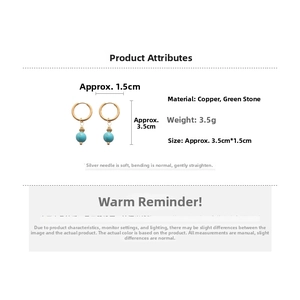 Detail view of vintage turquoise bead drop earrings with dimensions and copper ring detail