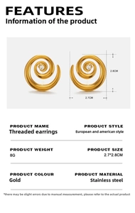 Detailed view of gold spiral earrings with white rhinestones and product dimensions