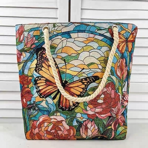 Artistic 3D floral tote bag with butterfly prints and durable cotton rope handles