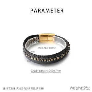 Detail showing 210x7mm triple-layer braided leather bracelet with gold magnetic clasp