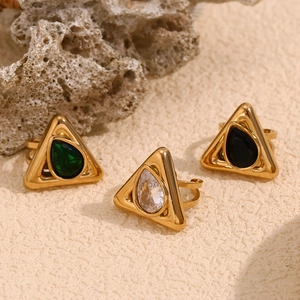 Women 18K Gold Plated Stainless Steel Adjustable Open Ring Triangle Geometric Hollow Water Drop Zircon Niche Chic Jewelry