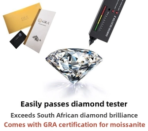 Macro shot of Moissanite stone with its GRA certificate and diamond tester device