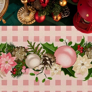 Close-up of pink plaid Christmas placemat with festive floral and pinecone patterns