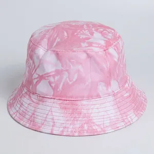 Summer pink tie-dye cotton bucket hat with short brim for outdoor sun protection