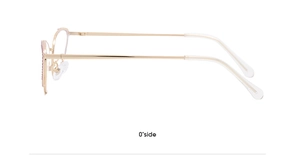 Detailed side view of slim gold metal eyeglass frames featuring transparent ear covers