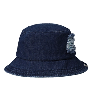 Deep blue denim bucket hat with retro distressed patch and frayed edges for women