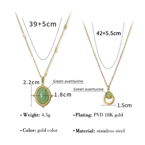 Detail of 18K gold plated oval necklace with green aventurine and stainless steel size specs
