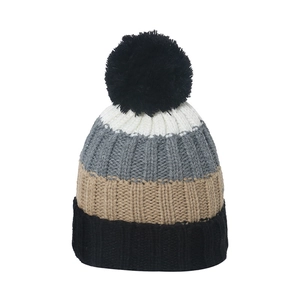 Detail of multi-color striped knit beanie with black pompom and thick ribbed texture