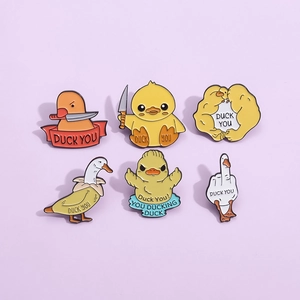 Funny six-piece set of cartoon duck and goose enamel pins with humorous meme designs