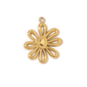 Macro detail of a 3D hollow gold flower pendant charm in durable stainless steel