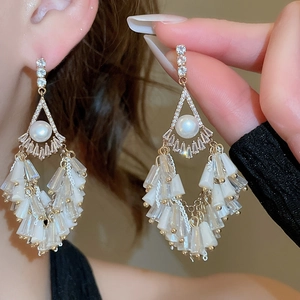 Detailed view of elegant silver needle drop earrings with tassels and pearls