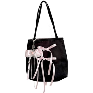 Black satin handbag with pink silk bows and pearl tassel pendant for balletcore style