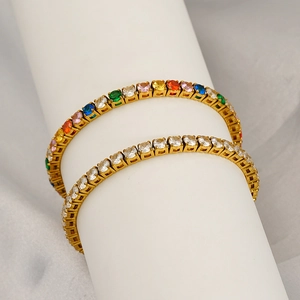 Bracelet De Tennis Plaqué Or 18K Acier Inoxydable Zircon Multicolore Chaîne D'extension Réglable Bijoux Mode Femmes