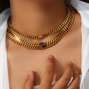 6.5mm Cuban chain necklace with colorful rectangular zircons in a gold finish