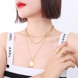 Three-layer 18K gold plated titanium necklaces with round pendants and matching rings