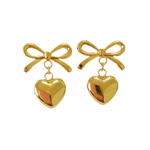Elegant 18K gold-plated stainless steel bow and heart pendant earrings for women