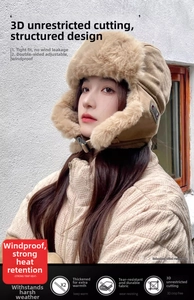 Detail of khaki windproof earflap hat with thick faux fur lining and chin strap
