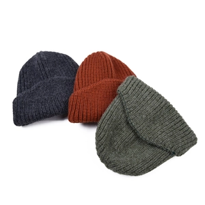 Unisex knit beanies in dark grey, caramel and dark green with thick ribbed cuff design
