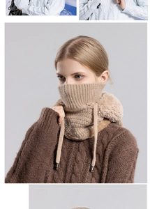 Close-up of khaki knit winter hood scarf with warm fleece lining and metal drawstring