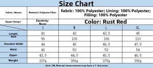 Detailed size chart for women's slim rust red puffer vest with measurements in centimeters
