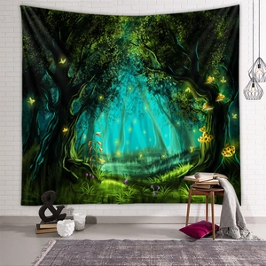 Detail of enchanted forest tapestry featuring glowing mushrooms and butterflies on wall