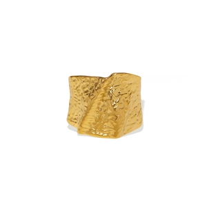 Golden wide band stainless steel ring with textured hammered finish for women