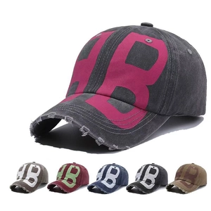 Vintage Washed Cotton Baseball Cap Distressed Frayed Brim Letter Print Adjustable Sun Hat For Men Women Streetwear