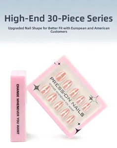 Detailed view of high-end 30-piece short almond press-on nails in premium pink packaging