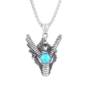 Gothic punk dragon head pendant in stainless steel with a round turquoise gemstone