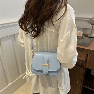 Minimalist light blue PU leather saddle bag with golden H-shaped buckle for women