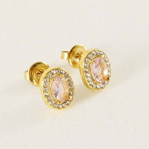 Gold stainless steel oval stud earrings with pink gemstone and zircon halo details