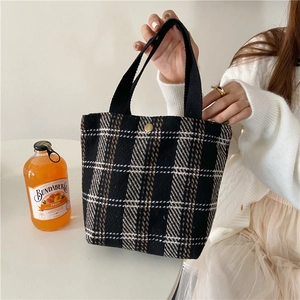 Women Vintage Woolen Plaid Handbag Korean Style Houndstooth Portable Lunch Bag With Metal Snap Button Daily Commute Tote Bag