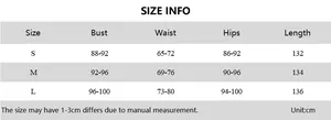Detailed size chart for the sexy V-neck backless dress with measurements in centimeters