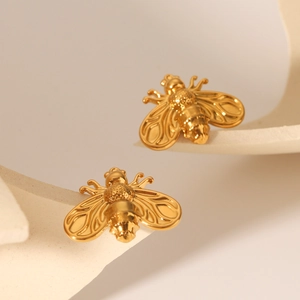 Polished 18K gold plated stainless steel bee stud earrings for women with detailed wings