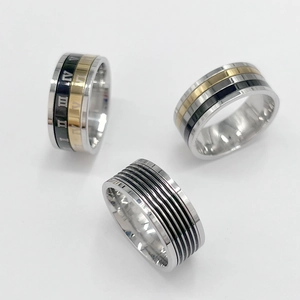 Roman numeral rotatable stainless steel rings in silver, gold, and black finishes