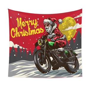 Detail of Christmas tapestry featuring Santa on a vintage motorcycle with festive art