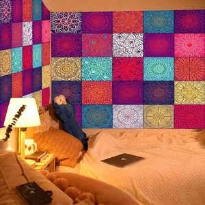 Bohemian mandala tapestry with purple and teal patchwork patterns for bedroom wall decor