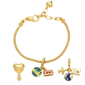 Gold travel charm bracelet with airplane, passport, and heart pendants on snake chain