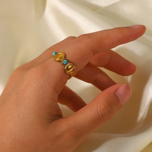 Bohemian gold stainless steel open ring with three round natural turquoise stones