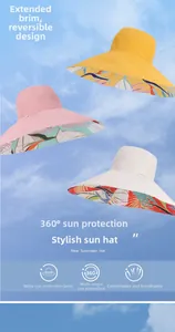 Detail of reversible sun hat with wide brim showing floral print and dual-side design