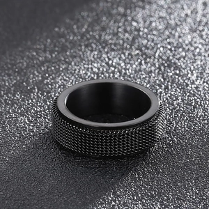 Detail shot of black stainless steel spinning ring with industrial mesh texture