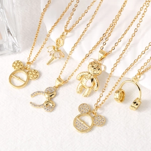 Gold Plated Copper Pendant Necklace Ballerina Bear Headphones Animal Enamel Cubic Zirconia Fashion Jewelry Women