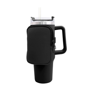Detailed shot of black neoprene carrier with zipper pouch for 40oz insulated tumbler cup