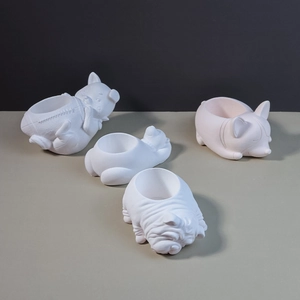Set of 4 white animal-shaped succulent pots including bulldog and corgi styles